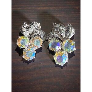 Sparkling Aurora Borealis Crystal Cluster Earrings Blue Silver Tone Vintage